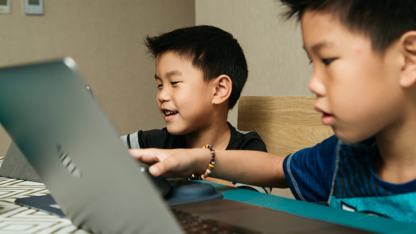 Two young boys working on computers at home